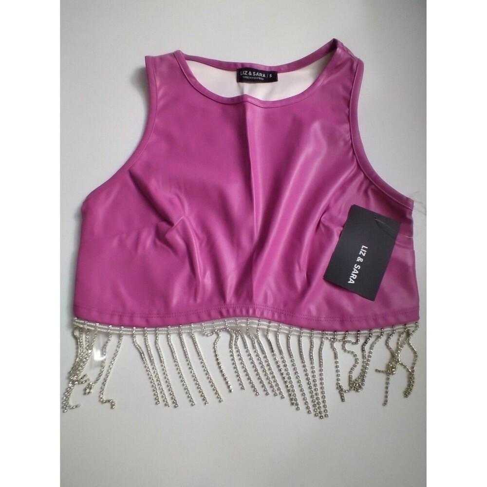 Liz & Sara Women's Hot Pink Faux Leather Rhinestone Fringe Crop Top New Size S